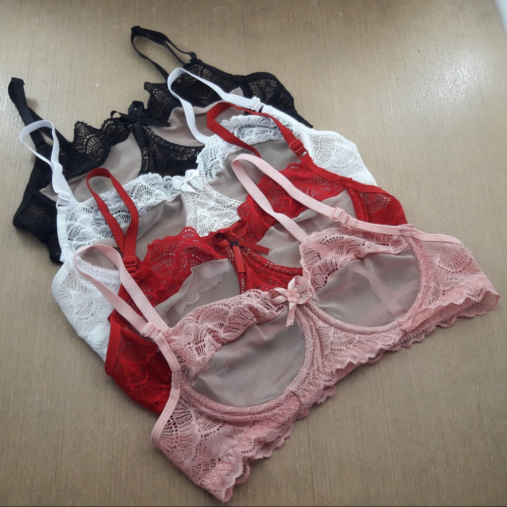 Conjunto Sexy sem Bojo e com Arco em Tule e Renda de Poliamida